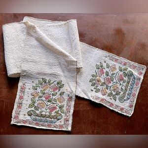 Vintage Handmade Embroidered Linen Table Mantle Runner Floral Spring Farmhouse